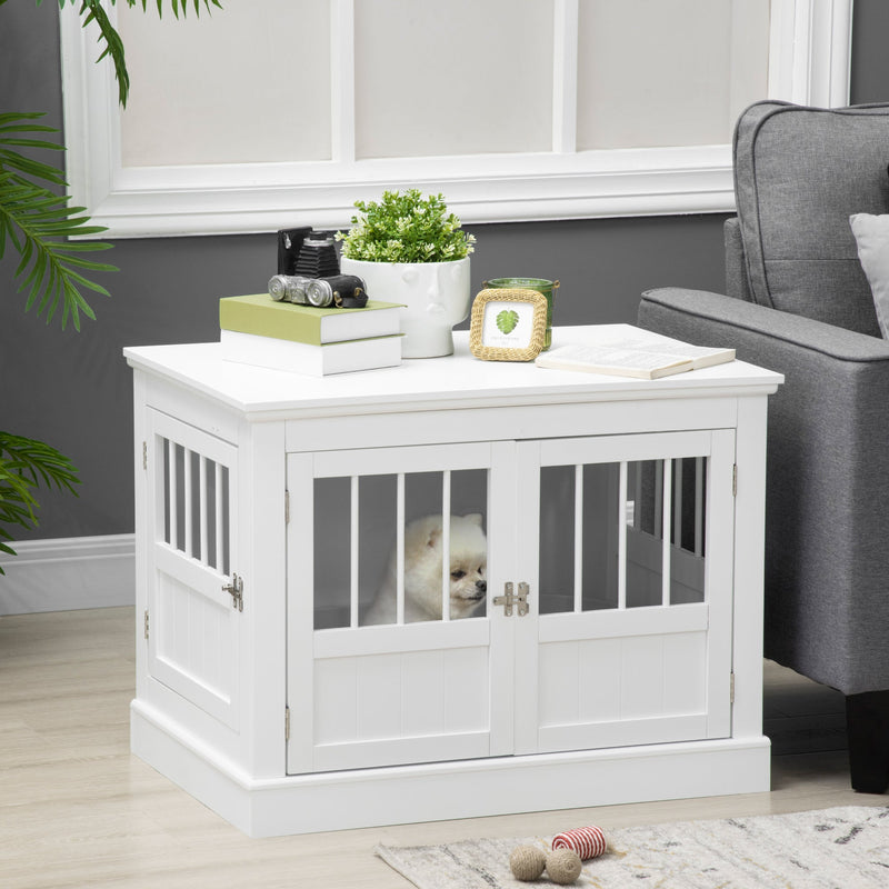 HKM-3990845 White Wooden Dog Crate End Table with Triple Doors for Small Dogs Indoor Use