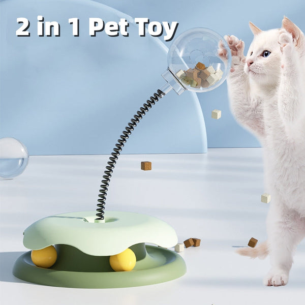 HKM-3990973 Interactive 2-in-1 Cat Toy with Treat Dispensing Turntable and Spring Ball