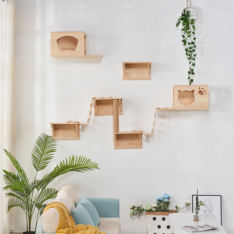 HKM-3996221 Luxury Pine Wood Cat Climbing Frame with Acrylic Bowl and Durable Hemp Rope