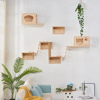 HKM-3996221 Luxury Pine Wood Cat Climbing Frame with Acrylic Bowl and Durable Hemp Rope