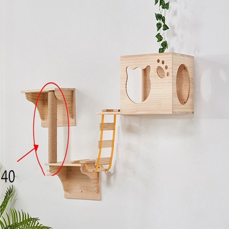 HKM-3996221 Luxury Pine Wood Cat Climbing Frame with Acrylic Bowl and Durable Hemp Rope