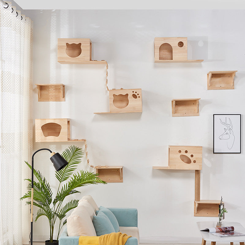 HKM-3996221 Luxury Pine Wood Cat Climbing Frame with Acrylic Bowl and Durable Hemp Rope