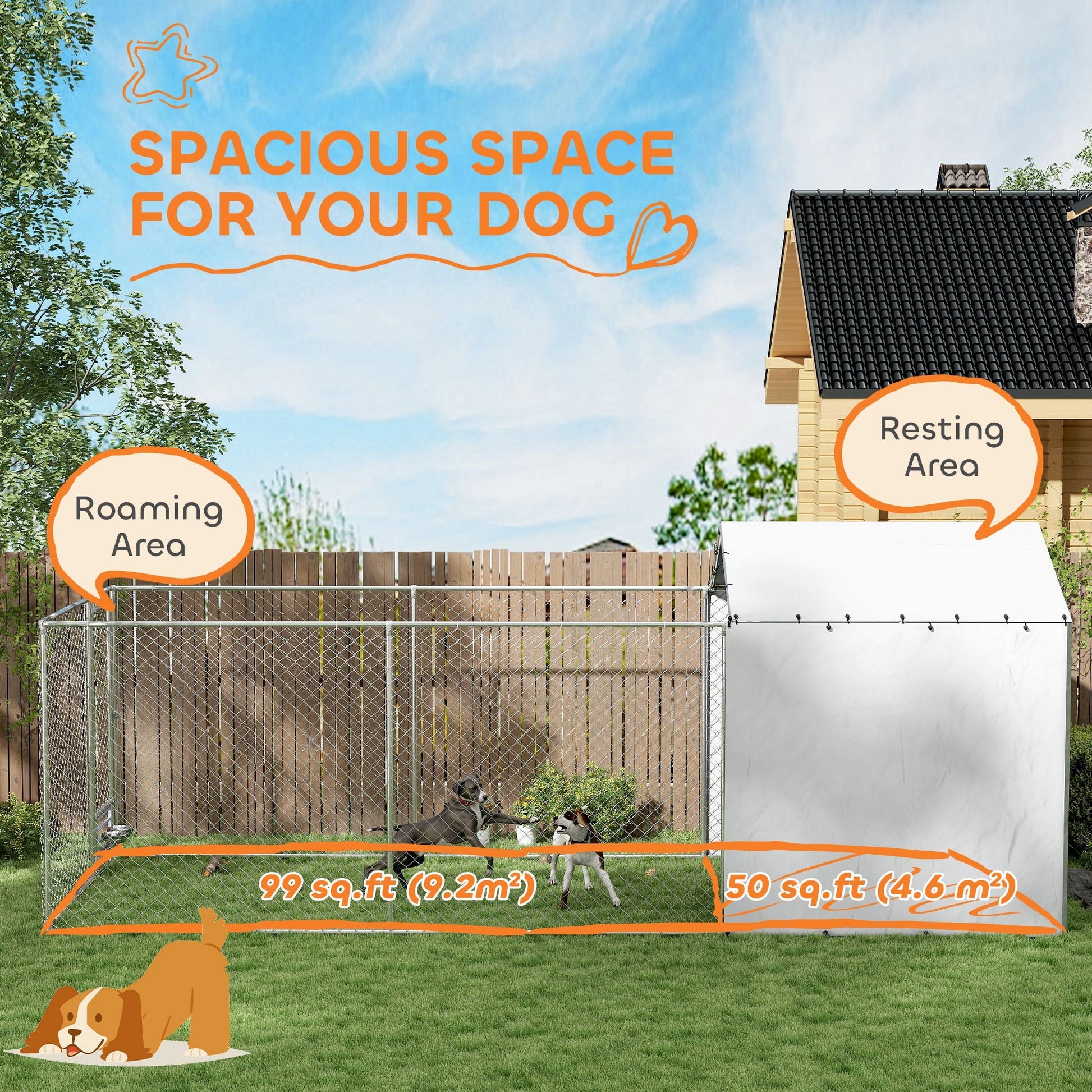 HKM-3996605 Large Galvanized Chain Link Outdoor Dog Kennel with Waterproof Cover for Medium to Large Dogs, 19.7 ft x 7.5 ft x 7.5 ft