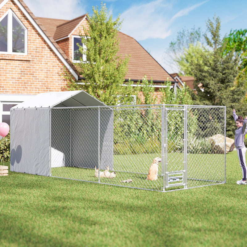 HKM-3996605 Large Galvanized Chain Link Outdoor Dog Kennel with Waterproof Cover for Medium to Large Dogs, 19.7 ft x 7.5 ft x 7.5 ft