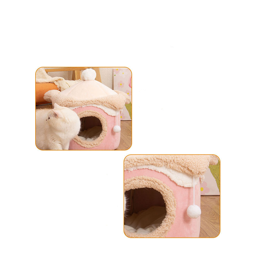 HKM-3996989 Cozy Ice Cream House Dog Bed - Soft Velvet Pet Nest in Pink, Wine Red, and Coffee