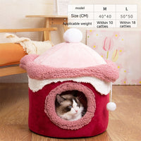 HKM-3996989 Cozy Ice Cream House Dog Bed - Soft Velvet Pet Nest in Pink, Wine Red, and Coffee
