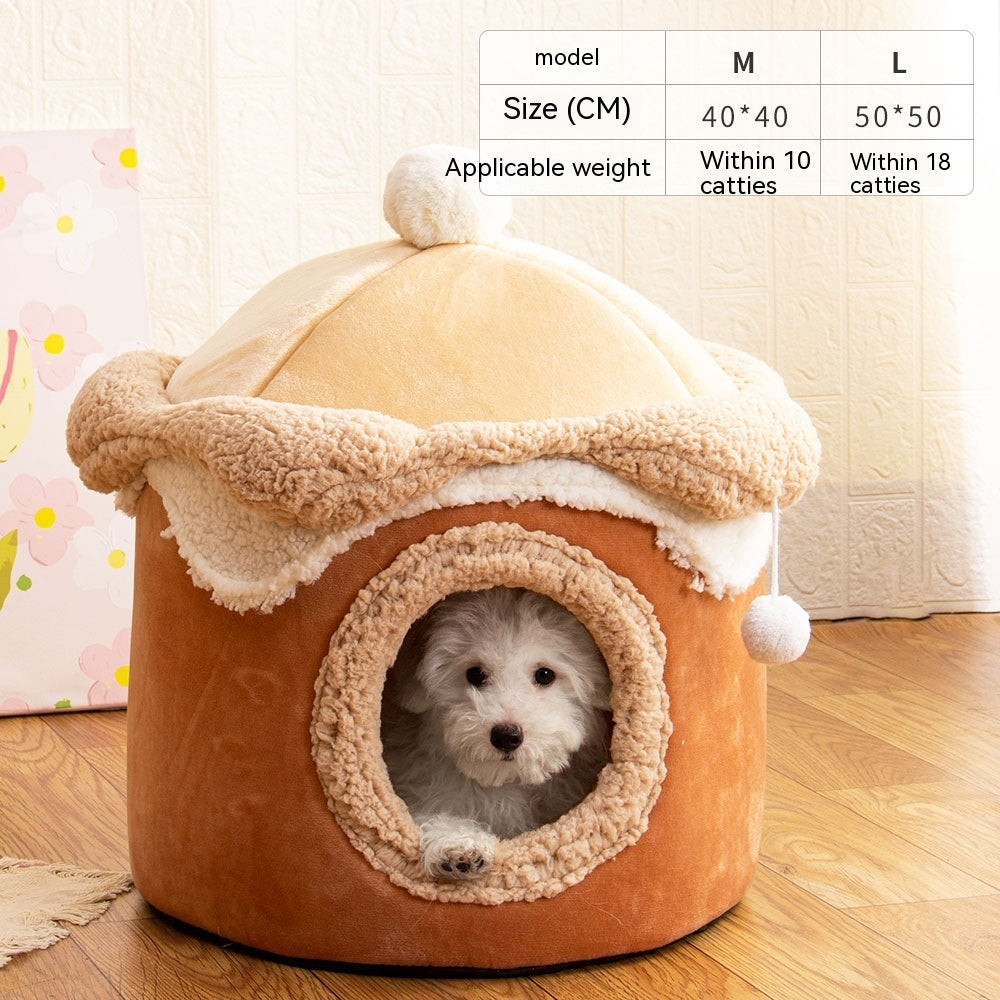 HKM-3996989 Cozy Ice Cream House Dog Bed - Soft Velvet Pet Nest in Pink, Wine Red, and Coffee