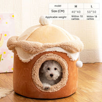 HKM-3996989 Cozy Ice Cream House Dog Bed - Soft Velvet Pet Nest in Pink, Wine Red, and Coffee