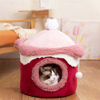 HKM-3996989 Cozy Ice Cream House Dog Bed - Soft Velvet Pet Nest in Pink, Wine Red, and Coffee