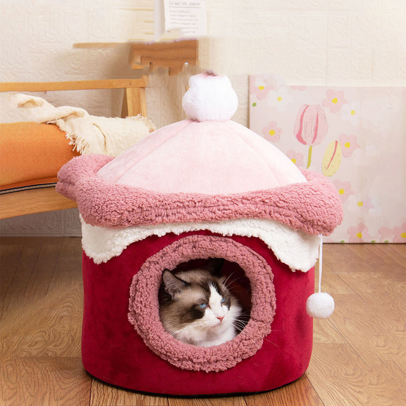 HKM-3996989 Cozy Ice Cream House Dog Bed - Soft Velvet Pet Nest in Pink, Wine Red, and Coffee