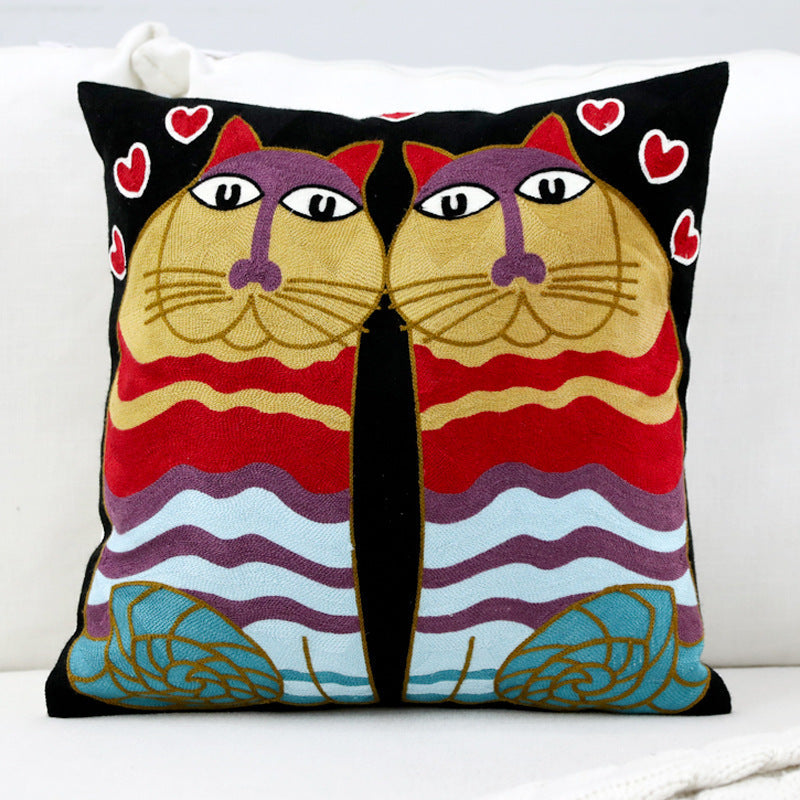 HKM-399827 Embroidered Cotton Pillowcase - Yellow Tiger & Cat Design, 45x45cm Cover