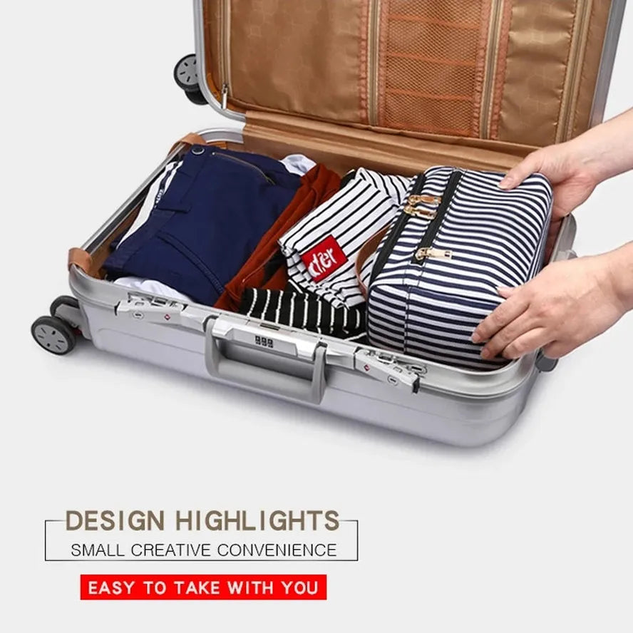 HKM-399827 Large Portable Canvas Makeup Bag with Stripes for Organised Storage