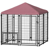 HKM-400083 Welded Wire Outdoor Dog Kennel with Adjustable Feeding System and Waterproof Cover, 4.6 ft x 4.6 ft x 5 ft
