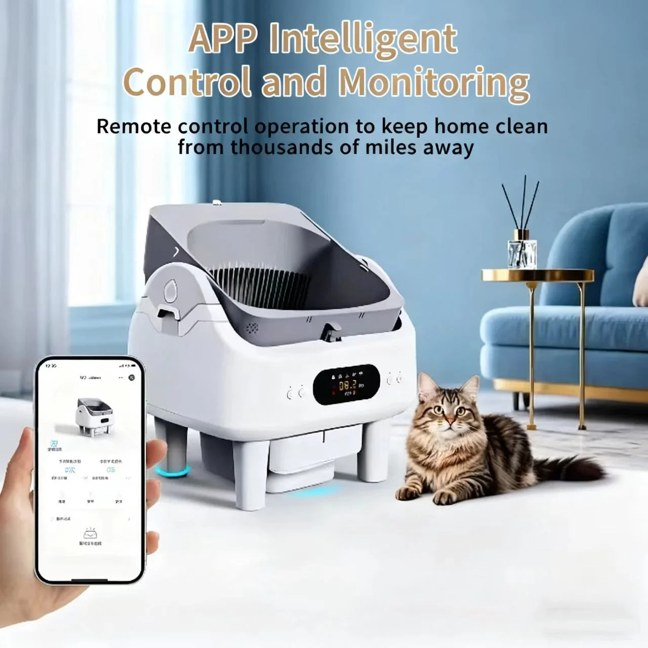 HKM-400211 Automatic Smart Cat Litter Box with Remote Control and Health Monitor - 68L Capacity, Durable PP Plastic