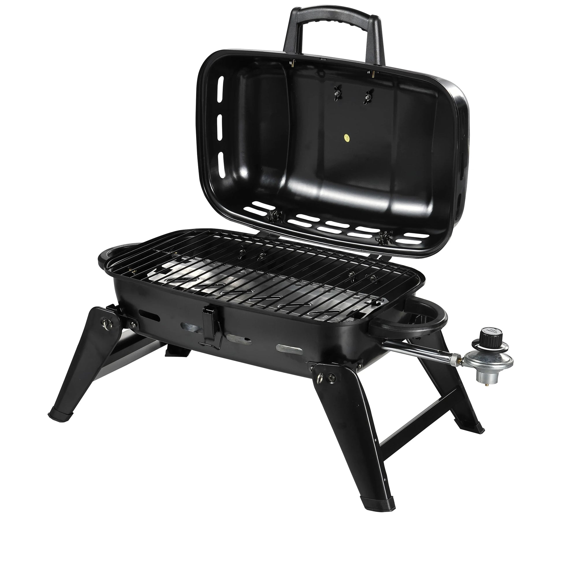HKM-400275 Portable Gas Camping Grill with Porcelain Cooking Grid - Foldable Design for Easy Storage