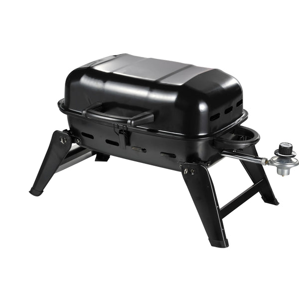 HKM-400275 Portable Gas Camping Grill with Porcelain Cooking Grid - Foldable Design for Easy Storage