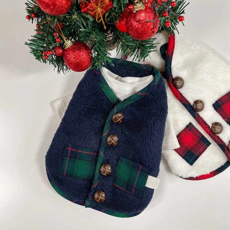 HKM-4003261 Festive Checkered Fleece Vest with Sherpa Lining for Small and Medium Dogs and Cats