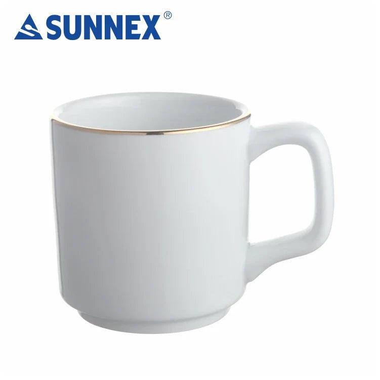HKM-400339 Hand-Painted Gold Rim White Porcelain Mug - 8x8.5 cm for Catering and Daily Use