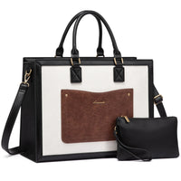 HKM-4003795 laptop tote bag in black with cream canvas front panel and brown front pocket