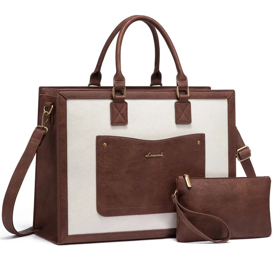 HKM-4003795 vintage PU leather laptop tote bag with cream canvas front panel and matching clutch