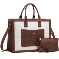 HKM-4003795 vintage PU leather laptop tote bag in brown with cream canvas front panel