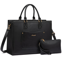 HKM-4003795 vintage PU leather laptop tote bag in black with matching clutch