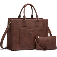 HKM-4003795 vintage PU leather laptop tote bag in brown with matching clutch
