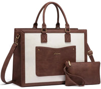 HKM-4003795 vintage PU leather laptop tote bag with padded 15.6-inch laptop sleeve and matching pouch
