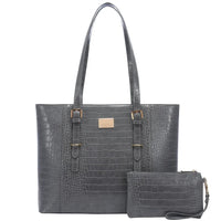 HKM-4009555 crocodile-embossed leather laptop tote bag in gray with matching wristlet and gold hardware