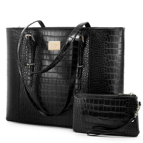 HKM-4009555 Crocodile-Embossed Leather Laptop Tote Bag for 15.6-Inch Laptops with Matching Wristlet and Adjustable Handles