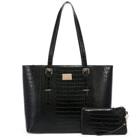 HKM-4009555 crocodile-embossed leather laptop tote bag in black with matching wristlet and gold hardware