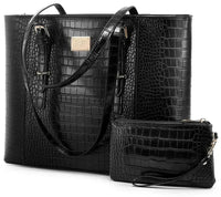 HKM-4009555 crocodile-embossed leather laptop tote bag for 15.6-inch laptops with matching wristlet in black
