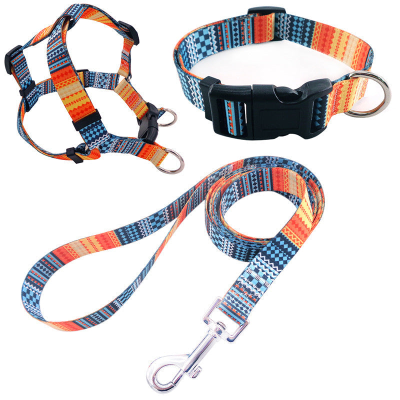 HKM-401107 Pet Printing Collar and Leash Set with Traction Chest Strap - Multiple Colors Available in S, M, L