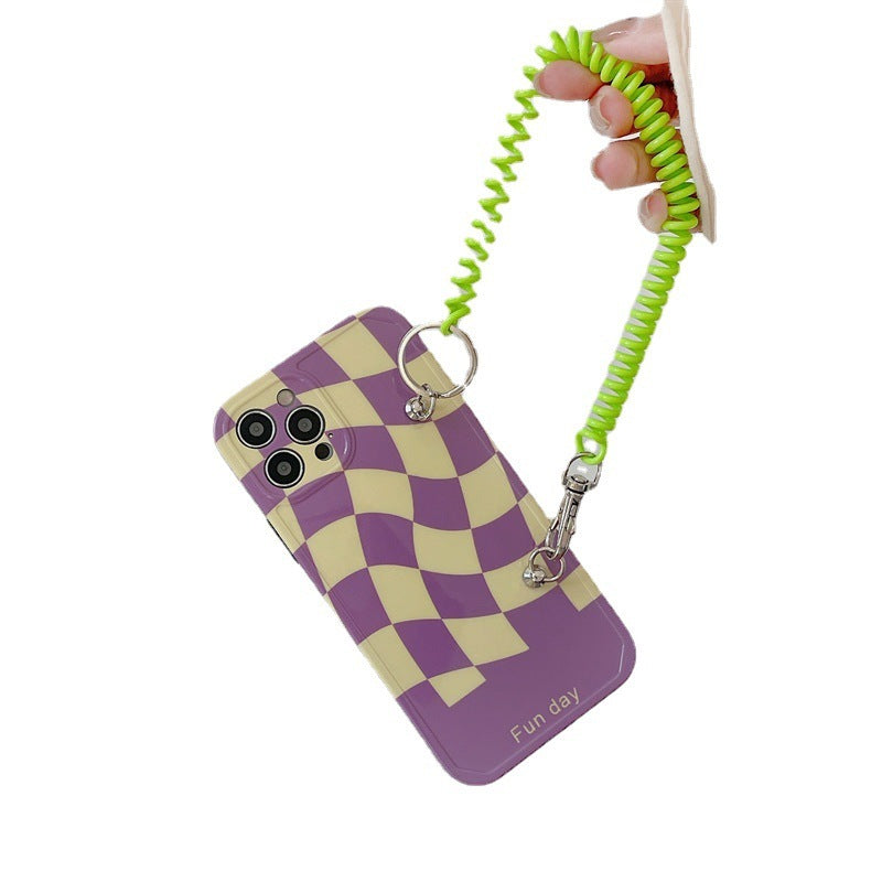 HKM-401171 Purple Checkerboard Silicone Protective Case for iPhone 11, 11 Pro, 11 Pro Max, XS, XR, 8, 8 Plus with Lanyard