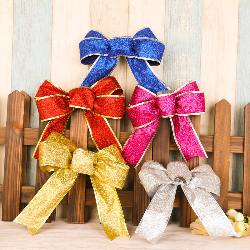 HKM-401683 Christmas Glitter Bow - Decorative Holiday Ribbon in Golden, Red, Rose Red, Blue, and Silver, 24cm Height x 21cm Width
