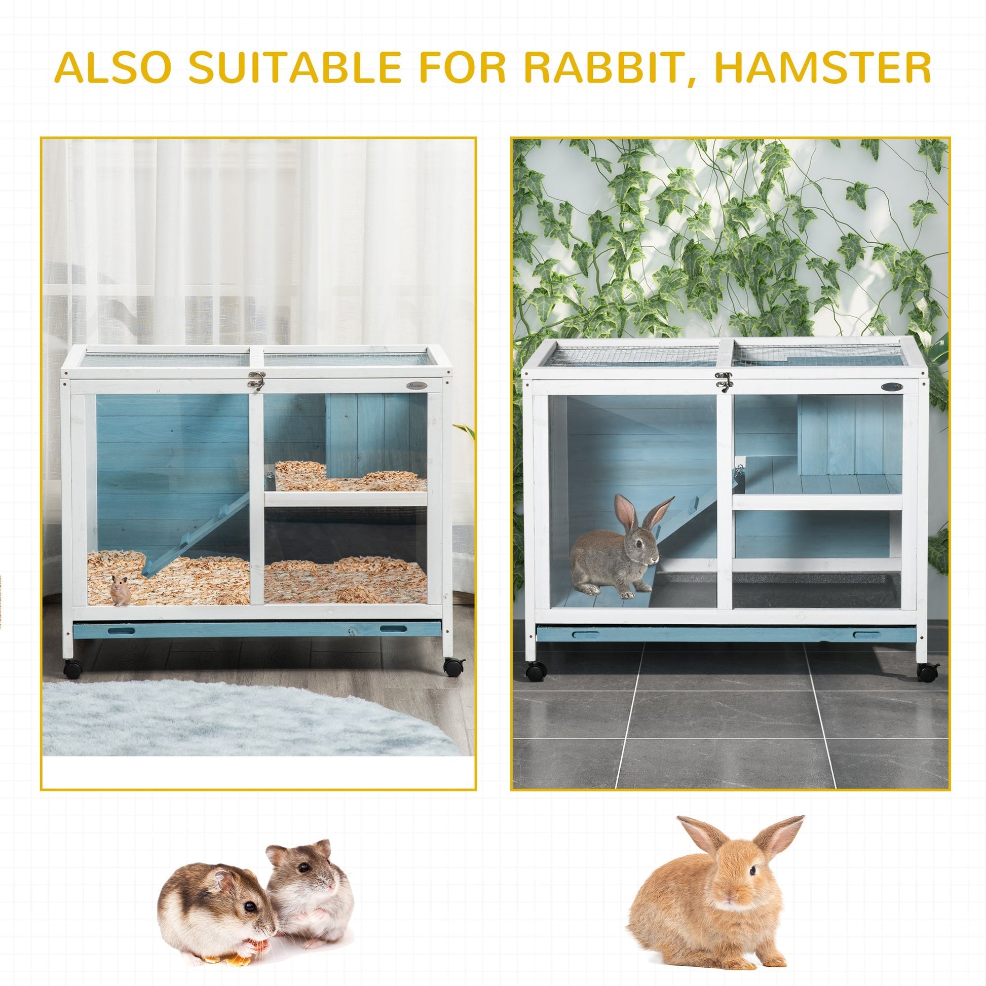 HKM-4017853 Blue Fir Wood Indoor Rabbit Hutch with Sleeping Area and Run Space