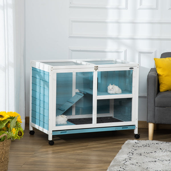 HKM-4017853 Blue Fir Wood Indoor Rabbit Hutch with Sleeping Area and Run Space
