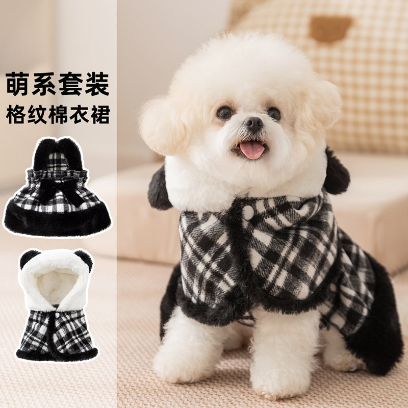 HKM-4018749 Charming Two-Piece Winter Dog Outfit with Hooded Cape and Dress for Small Pets