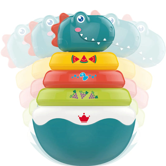 HKM-401875 Dino Stacking Tumbler Toy - Colorful Rainbow Ring Big Roly Poly Educational Toy for Infants and Toddlers