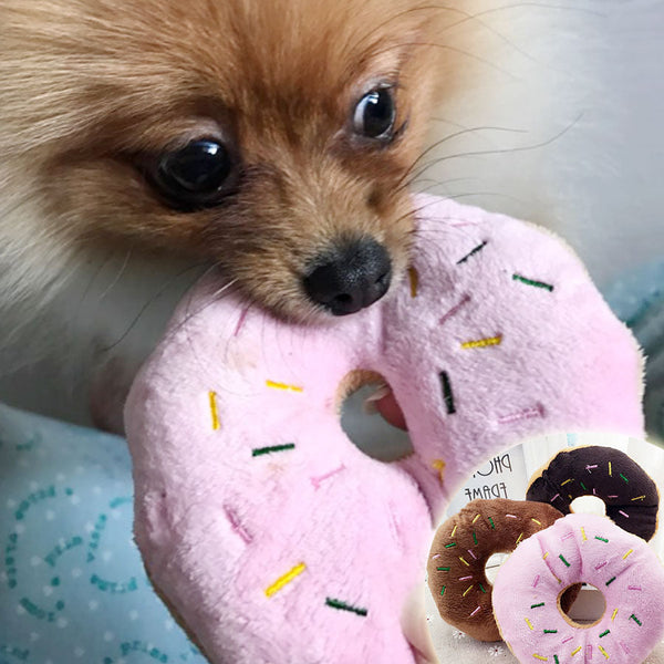 HKM-4020797 Eco-Friendly Plush Dog Toy - Pink Brown Donut Shape, 14cm Chew Toy with Vocal Feature