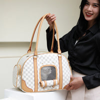 HKM-4022205 Medium Capacity Plaid Pattern Handbag for Pets with Breathable Design