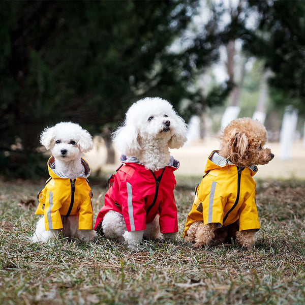 HKM-4024509 Four Seasons Universal Dog Raincoat - Waterproof Pet Apparel in Red, Yellow, Khaki, Sizes XS to 2XL