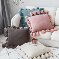 HKM-402515 Solid Color Wool Ball Pillow with Lantern Tassel - 45x45cm, Acrylic Material