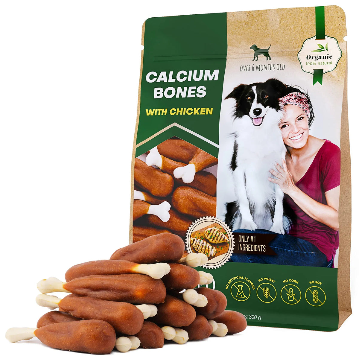 HKM-4025789 Chicken-Wrapped Calcium Bone Chew Treats for Dogs - Grain-Free, Rawhide-Free, Healthy Snacks for All Life Stages