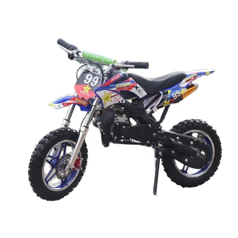 HKM-402643 49cc Kids Dirt Bike - 2-Stroke Motocross Bike with Pull Start and Electronic Starter, Steel Frame, Disc Brakes, 10" Wheels