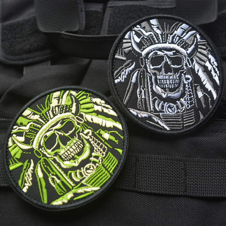 HKM-402899 Minimally Designed Striped Death Skull Embroidered Velcro Badge in Green and Gray