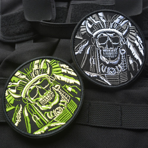 HKM-402899 Minimally Designed Striped Death Skull Embroidered Velcro Badge in Green and Gray