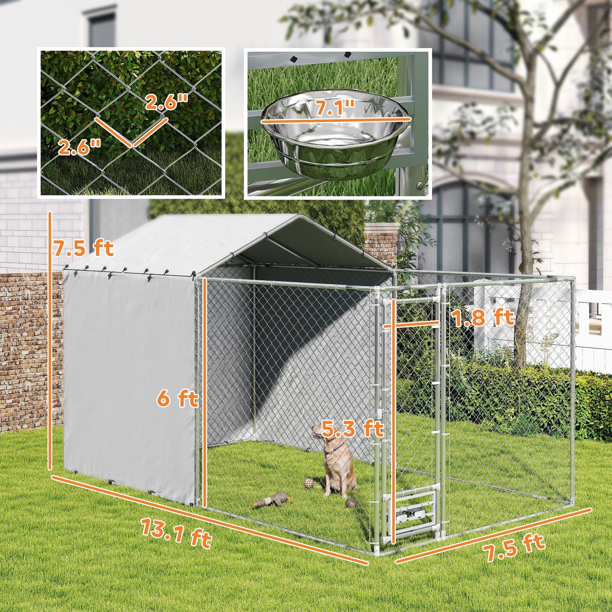 HKM-4029373 Large Outdoor Galvanized Steel Dog Kennel with Waterproof UV Cover for Medium to Large Dogs 13.1' x 7.5' x 7.5'