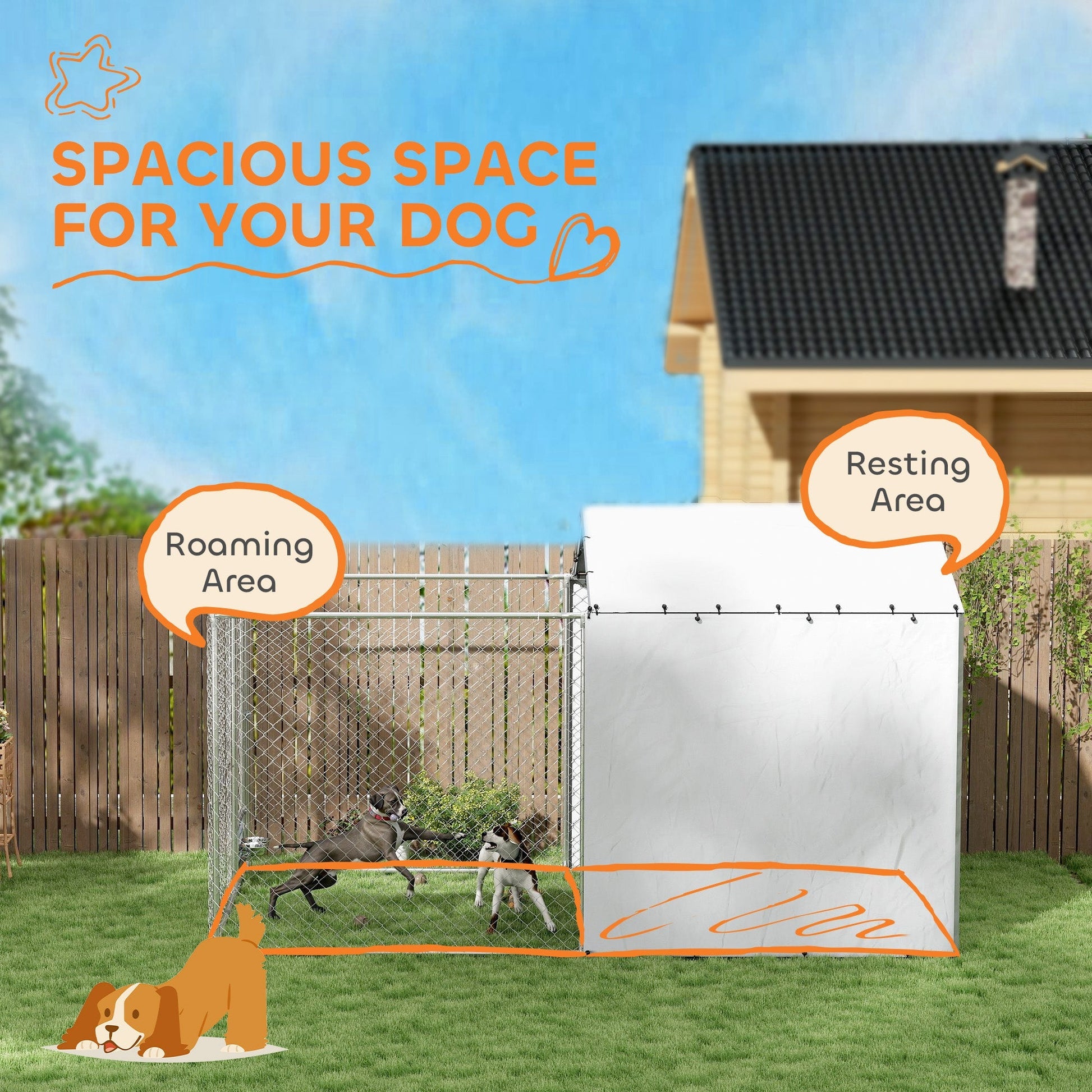 HKM-4029373 Large Outdoor Galvanized Steel Dog Kennel with Waterproof UV Cover for Medium to Large Dogs 13.1' x 7.5' x 7.5'
