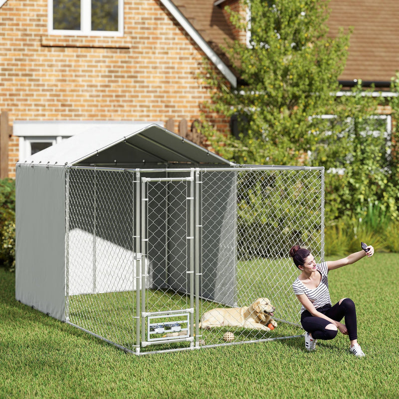 HKM-4029373 Large Outdoor Galvanized Steel Dog Kennel with Waterproof UV Cover for Medium to Large Dogs 13.1' x 7.5' x 7.5'